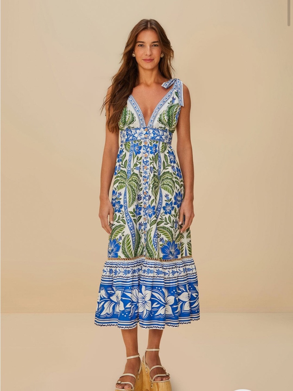 FARM Rio Blue & Green Floral Tie-Shoulder Midi Dress - Picture 1 of 8